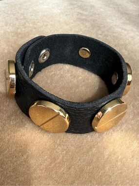 Black Leather Snap Bracelet with Gold Screw Accent Discs